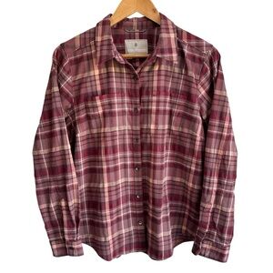 Royal Robbins Plaid Button Front Shirt Womens M Maroon Long Sleeve Preppy Casual